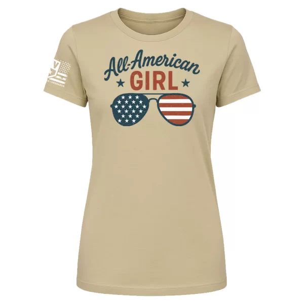 Sand All-American Girl t-shirt with aviator sunglasses flag graphic