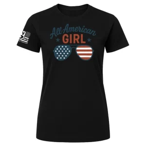 Black All-American Girl t-shirt with aviator sunglasses flag graphic