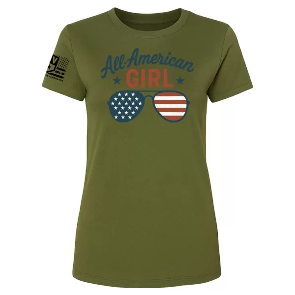 Military green All-American Girl t-shirt with aviator sunglasses flag graphic