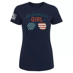 Navy All-American Girl t-shirt with aviator sunglasses flag graphic