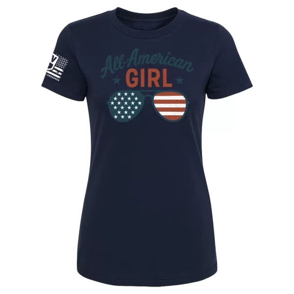 Navy All-American Girl t-shirt with aviator sunglasses flag graphic