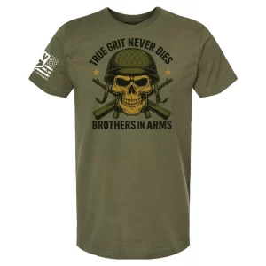 Brothers in Arms skull t-shirt with helmet and crossed rifles design - green