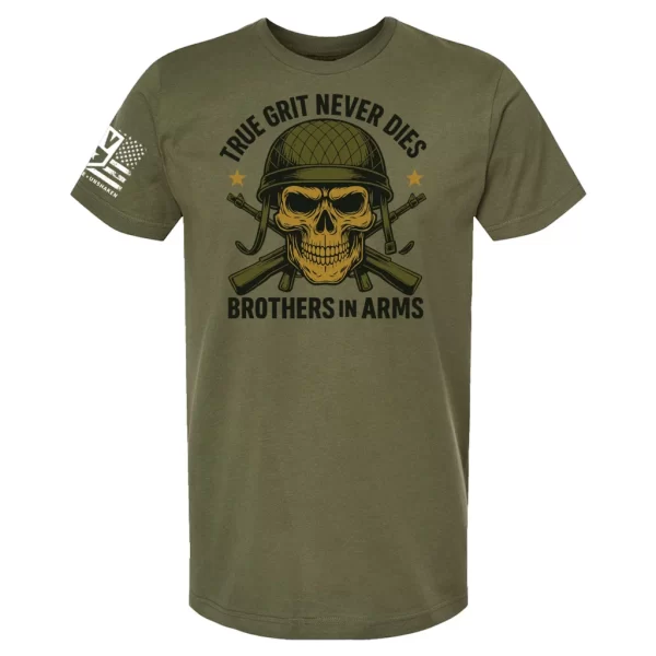Brothers in Arms skull t-shirt with helmet and crossed rifles design - green