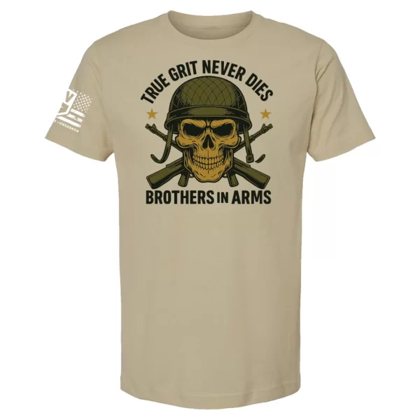 Brothers in Arms skull t-shirt with helmet and crossed rifles design sand