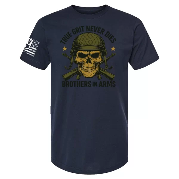 Brothers in Arms skull t-shirt with helmet and crossed rifles design- navy