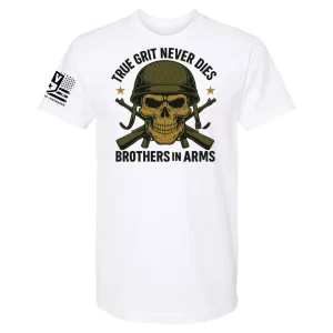 Brothers in Arms skull t-shirt with helmet and crossed rifles design white