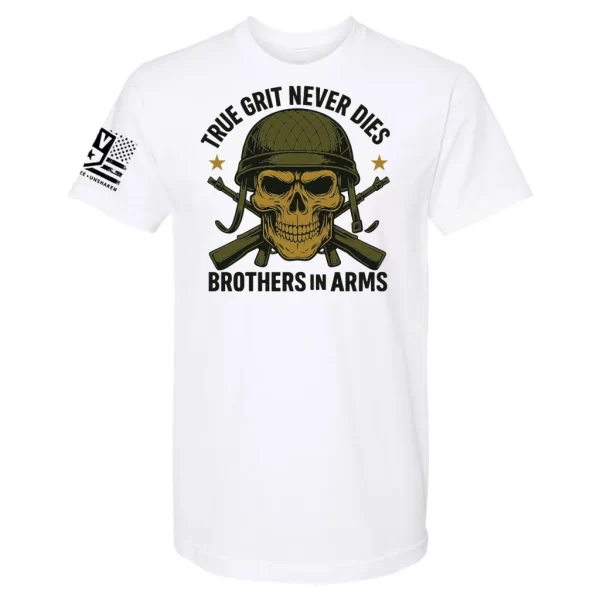 Brothers in Arms skull t-shirt with helmet and crossed rifles design white