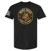 Black unisex t-shirt with circular Devil Dogs badge: snarling bulldog head, lightning bolts, and text “First to Fight”