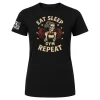 Black unisex Eat Sleep Gym Repeat t-shirt with women’s skeleton barbell design and stars