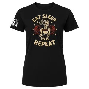 Black unisex Eat Sleep Gym Repeat t-shirt with women’s skeleton barbell design and stars