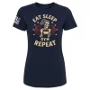 Navy unisex Eat Sleep Gym Repeat t-shirt with women’s skeleton barbell design and stars