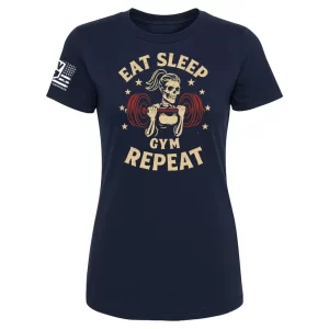 Navy unisex Eat Sleep Gym Repeat t-shirt with women’s skeleton barbell design and stars
