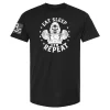 Black Eat Sleep Gym Repeat t-shirt with hooded skeleton lifting barbell graphic and stars