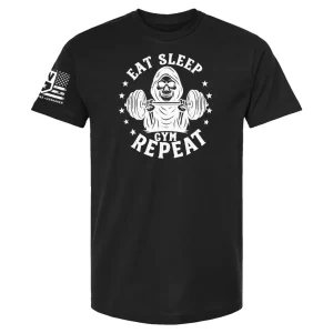 Black Eat Sleep Gym Repeat t-shirt with hooded skeleton lifting barbell graphic and stars
