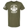 Military green Eat Sleep Gym Repeat t-shirt with hooded skeleton lifting barbell graphic and stars