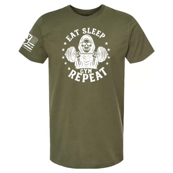 Military green Eat Sleep Gym Repeat t-shirt with hooded skeleton lifting barbell graphic and stars