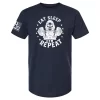 Navy Eat Sleep Gym Repeat t-shirt with hooded skeleton lifting barbell graphic and stars