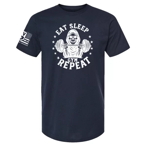 Navy Eat Sleep Gym Repeat t-shirt with hooded skeleton lifting barbell graphic and stars