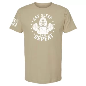 Sand Eat Sleep Gym Repeat t-shirt with hooded skeleton lifting barbell graphic and stars