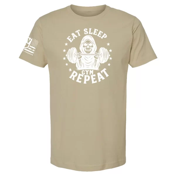 Sand Eat Sleep Gym Repeat t-shirt with hooded skeleton lifting barbell graphic and stars