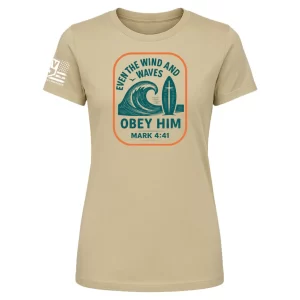 Sand-colored t-shirt with Even the Wind & Waves Mark 4:41 surf icon graphic
