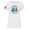White t-shirt with Even the Wind & Waves Mark 4:41 teal surf wave and board illustration