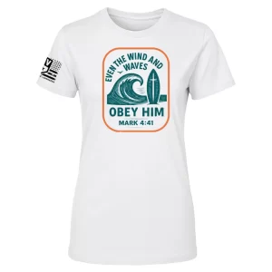 White t-shirt with Even the Wind & Waves Mark 4:41 teal surf wave and board illustration
