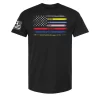 Black first responder flag t-shirt with multi-color thin lines and distressed design