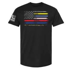Black first responder flag t-shirt with multi-color thin lines and distressed design