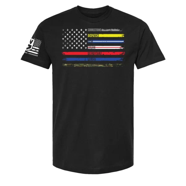 Black first responder flag t-shirt with multi-color thin lines and distressed design