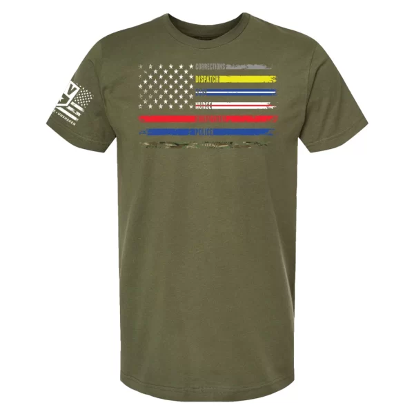 Military green multi-line thin flag shirt with seven service stripes
