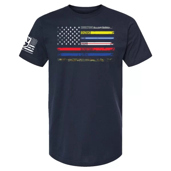 Navy blue Every Line Matters flag tee supporting police, fire, EMS, military