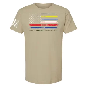 Sand color first responder support t-shirt with distressed American flag design