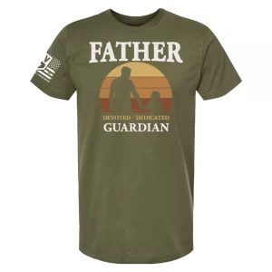 Military green Guardian Father shirt featuring sunset design and GV sleeve insignia