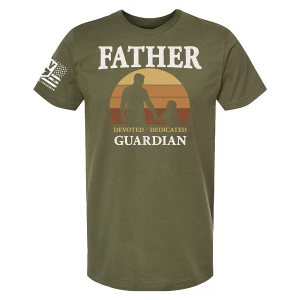 Military green Guardian Father shirt featuring sunset design and GV sleeve insignia