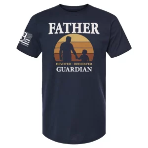 Navy blue devoted father patriotic tee with sunset father-child graphic