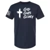 Navy t-shirt featuring a white brushstroke cross and “God Guts Glory” hand-lettered text