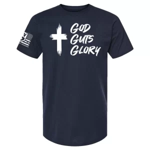 Navy t-shirt featuring a white brushstroke cross and “God Guts Glory” hand-lettered text