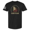 Black t-shirt with praying hands and red roses graphic, circular scripture text “God destroys your plans so that your plans don’t destroy you,” and “GOD’S PLAN” beneath