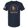 Navy t-shirt featuring praying hands and red roses illustration, surrounding scripture reminder and the phrase “GOD’S PLAN”