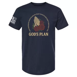 Navy t-shirt featuring praying hands and red roses illustration, surrounding scripture reminder and the phrase “GOD’S PLAN”