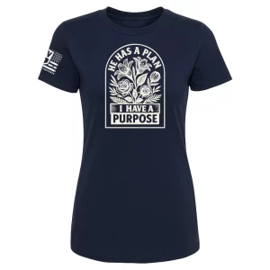 Navy t-shirt featuring a white flower motif and the scripture-inspired phrase “He Has a Plan, I Have a Purpose”