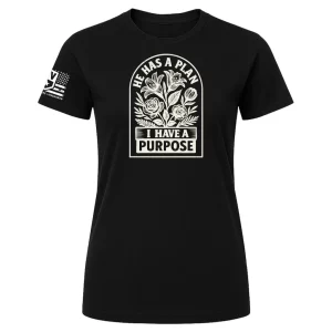 Black t-shirt with white floral-arch design and the text “He Has a Plan, I Have a Purpose”