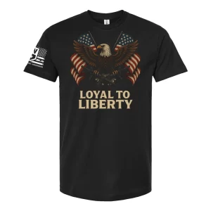 Black patriotic t-shirt with distressed American flag and Loyal to Liberty text