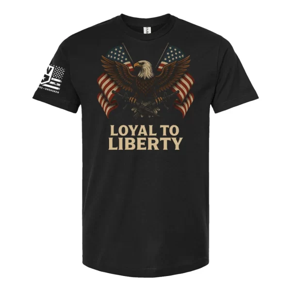 Black patriotic t-shirt with distressed American flag and Loyal to Liberty text