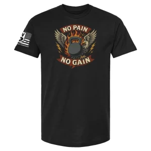 Men's black "No Pain No Gain" t-shirt with kettlebell and eagle graphic