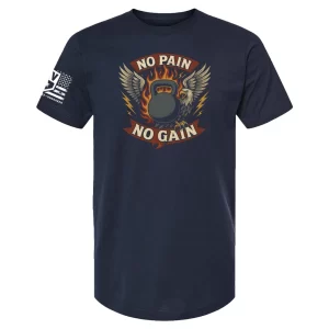 Men's navy "No Pain No Gain" t-shirt with kettlebell and eagle graphic