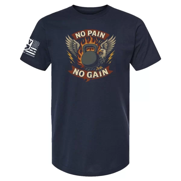 Men's navy "No Pain No Gain" t-shirt with kettlebell and eagle graphic