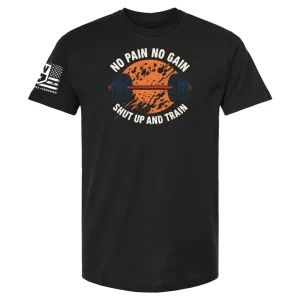 No Pain No Gain t-shirt with barbell graphic and “Shut Up and Train” tagline black