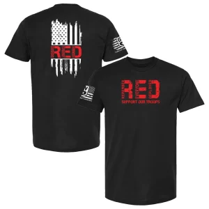 Black tee with distressed white flag and red “RED Remember Everyone Deployed” text, Genuine Valor sleeve insignia